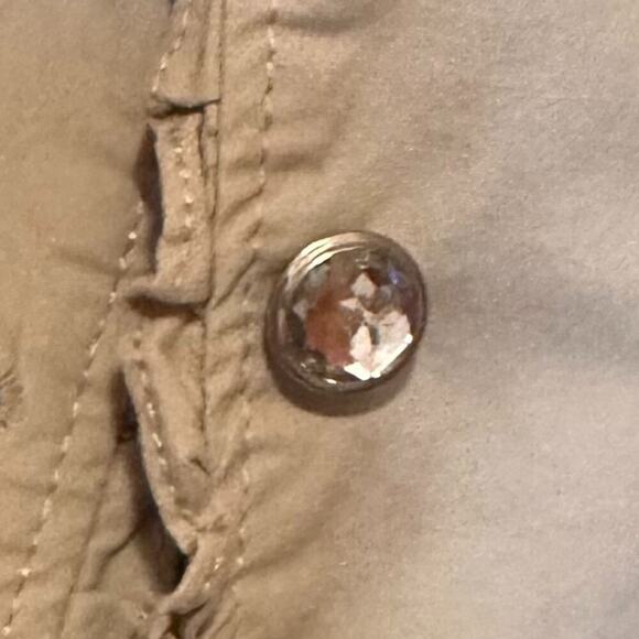 Fitted Ruffle Beige Khaki Jacket Clear Rhinestone Gem Button Up - Size M - Picture 6 of 15